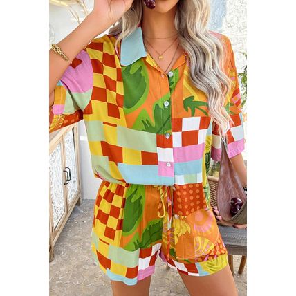 Red Vacation Printed Loose Shirt and Drawstring Shorts Set