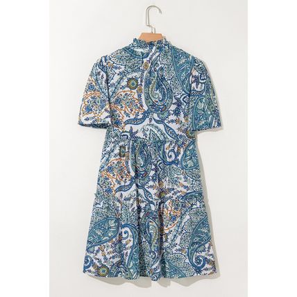 Blue Bohemian Paisley Floral V Neck Short Sleeve Mini Dress