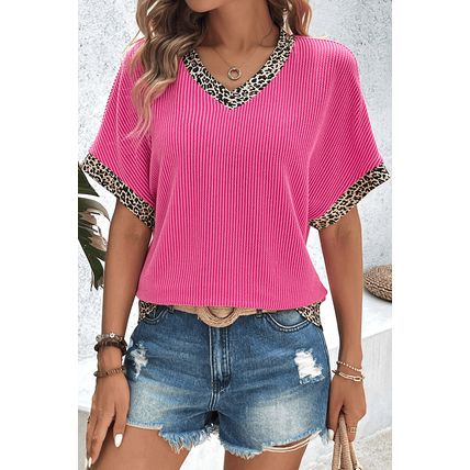 Bright Pink Leopard Patchwork Corded Texture V Neck T Shirt