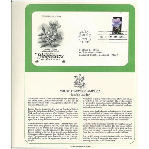 WILDFLOWERS OF AMERICA : JACOB'S LADDER 'OFFICIAL FIRST DAY of ISSUE ' (1992)