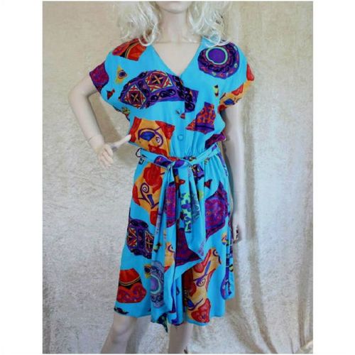 Designer Vintage 1980 Play Suit Dress Size 12 UK Womens Turquoise Purple Red