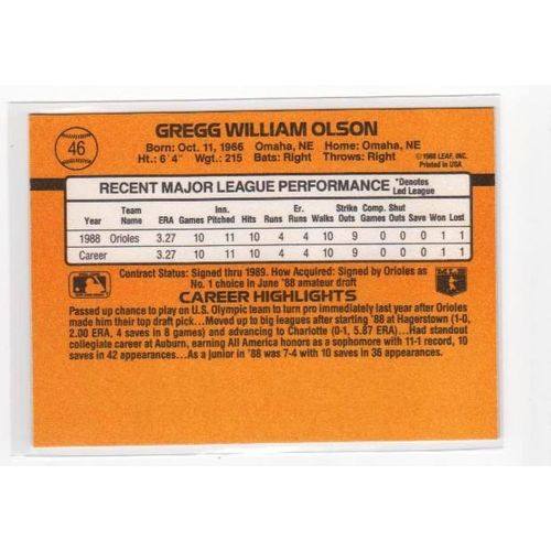 1989 Donruss Gregg Olson RC Rated Rookie card #46 – Orioles