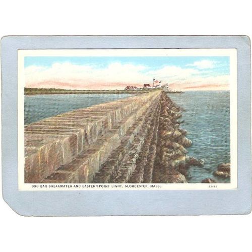 MA Gloucester Lighthouse Postcard Dog Bar Breakwater & Eastern Point Light~508