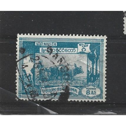 Burma.SG129 8a Ploughing paddy field with oxen (Blue).Fine Used.Jul25b