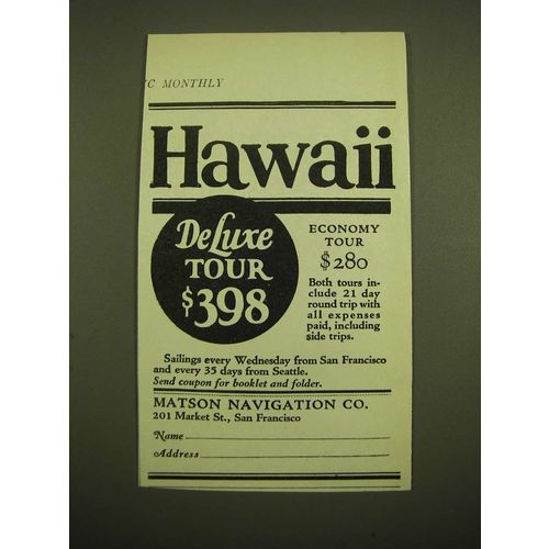 1924 Matson Navigation Co. Ad - Hawaii Deluxe tour $398