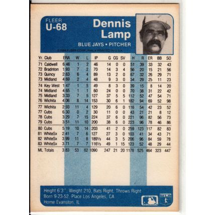 1984 Fleer Update baseball card U-68 Dennis Lamp