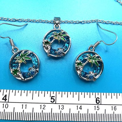 Sea Life Necklace Earring Set Sea Turtle Coconut Tree Blue Round #820