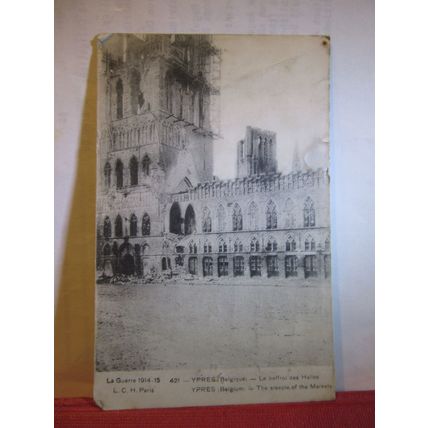 THE STEEPLE OF THE MARKETS, YPRES, BELGIUM used antique postcard 1916 pm WW1 =
