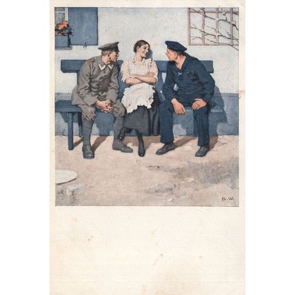 German Army & Navy Soldiers Chatting Up Lady WW1 Postcard
