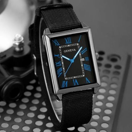 Gents Square Tank Face Date Blue Numbers Steel Back Black Leather Strap Watch