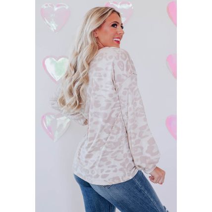 Leopard Animal Print Contrast Stripes Patchwork Puff Sleeve Knit Top