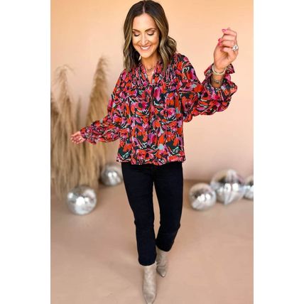 Red Dahlia Abstract Floral Shirred Detail Puff Sleeve Blouse