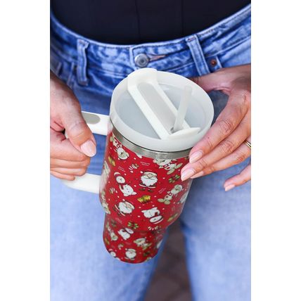 Fiery Red Christmas Pattern Print Handled Stainless Steel Tumblers