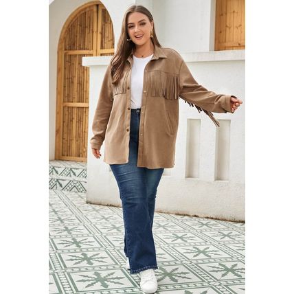 Khaki Fringe Trim Plus Size Suede Shacket