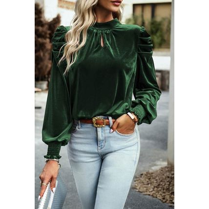 Blackish Green Mock Neck Puff Sleeve Velvet Blouse