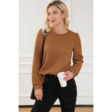 Brown Solid Color Quilted Puff Sleeve Pullover Sweatshirt