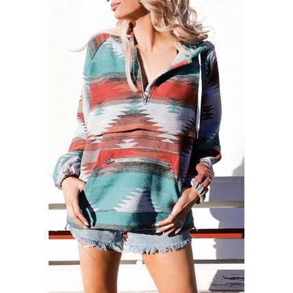 Multicolor Aztec Print Zipped Split Neck Hoodie