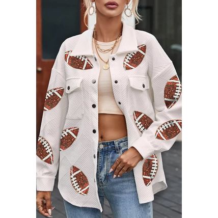 Beige Bubble Gum Texture Sequined Football Shacket
