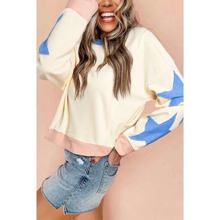 Beige Star Patchwork Exposed Seam Oversized Sweatshirt
