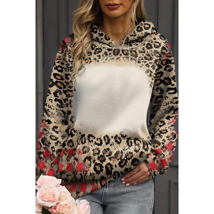 Brown Leopard Plaid Bleached Print Kangaroo Pocket Hoodie