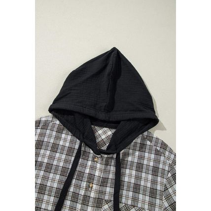 Black Checkered Print Loose Fit Buttoned Hooded Shacket