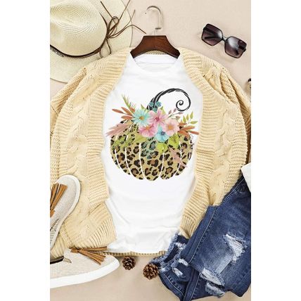 White Floral Leopard Pumpkin Graphic Halloween T Shirt