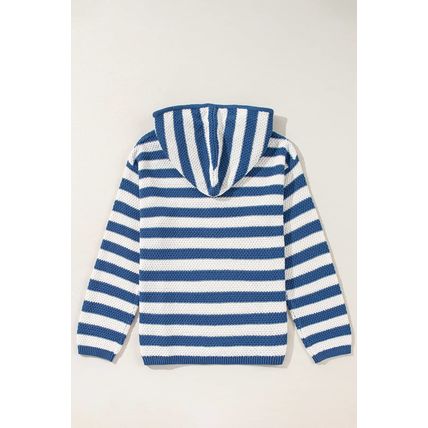 Blue Stripe V Neck Pocketed Drawstring Hooded Sweater