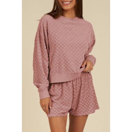 Blossom Checkered Textured Long Sleeve Top and Shorts Set