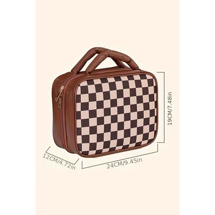 Black Checkered Multiple Compartments PU Leather Cosmetic Bag