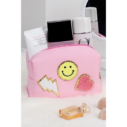 Pink Smiley Face Chenille Patched PU Zipper Makeup Bag