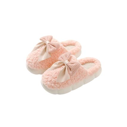 Pink Contrast Bowknot Applique Plush Winter Slippers