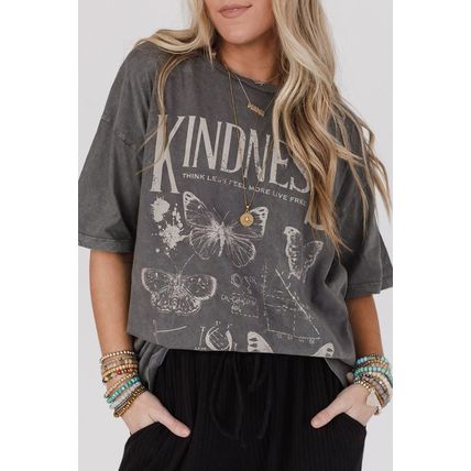 Dark Grey Kindness Butterflies Graphic Mineral Wash Loose Tee