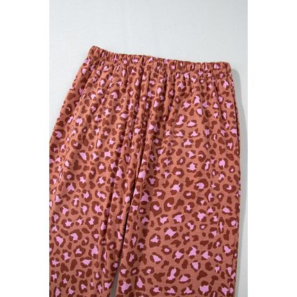 Brown Leopard Print Short Sleeve Shirt and Pants Pajamas Set