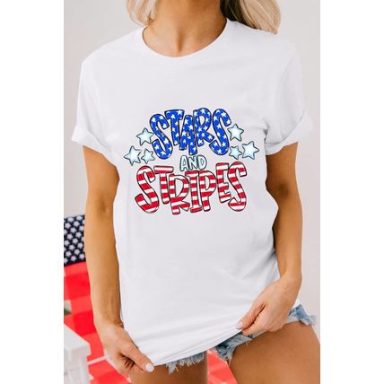 White Stars and Stripes Round Neck Graphic T Shirt