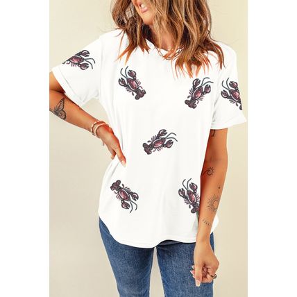 White Sequined Lobster Crewneck Tee