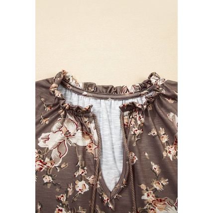 Khaki Retro Floral Print Tassel Tie Split Neck Short Sleeve Blouse