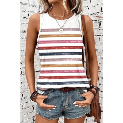 Red Stripe Rainbow Round Neck Tank Top