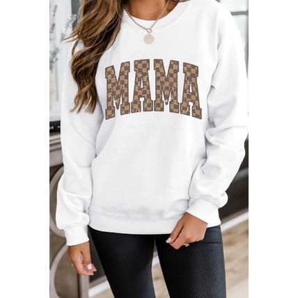 White Checkerboard MAMA Graphic Drop Shoulder Sweatshirt