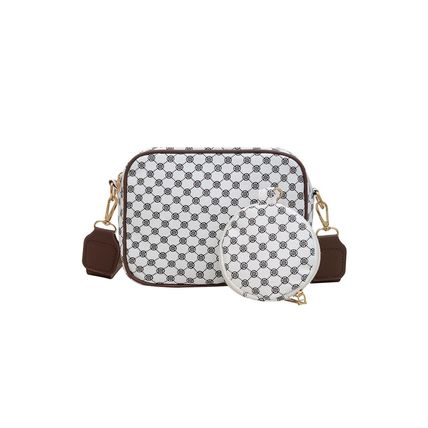 White Checkered Print PU Leather Shoulder Bag with Coin Wallet