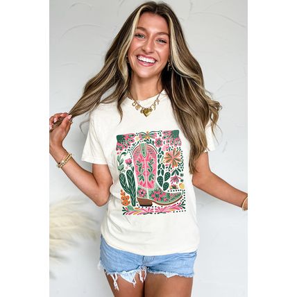 White Western Boot Flower Print Crew Neck Loose Tee