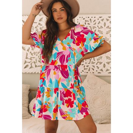 Rose Red Floral Bubble Sleeve V Neck Tiered Ruffle Babydoll Dress