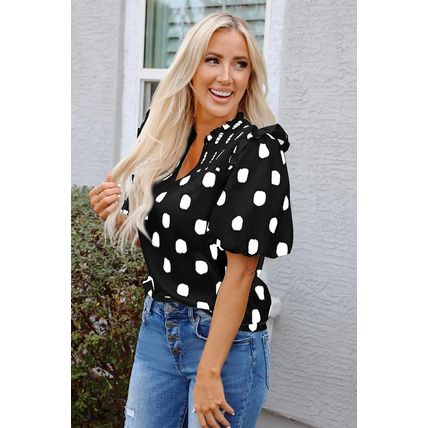 Black Polka Dot Print Shirred Yoke Notched Neck Balloon Sleeve Blouse