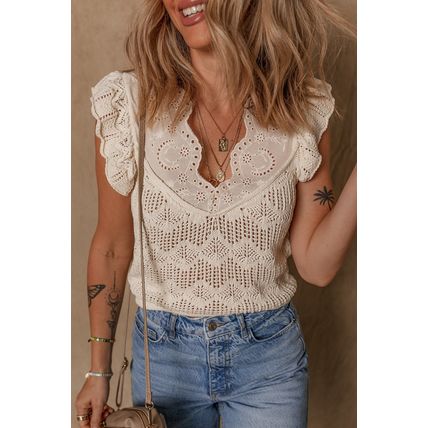 Beige Embroidered Patchwork Hollow Out Knitted Ruffle Sweater Vest