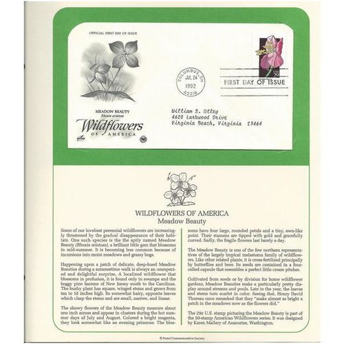 WILDFLOWERS OF AMERICA : MEADOW BEAUTY ' OFFICIAL FIRST DAY of ISSUE ' (1992)
