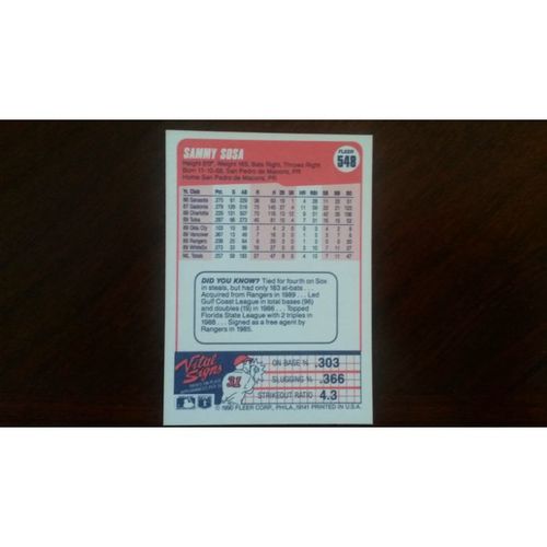 1990 Fleer Card # 548 Sammy Sosa Excellent - Mint (6) Chicago White Sox