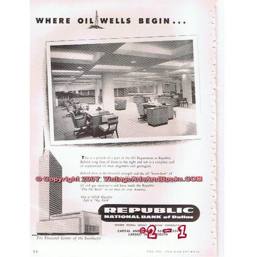 REPUBLIC NATIONAL BANK DALLAS 1955 where oil wells begin vintage ad