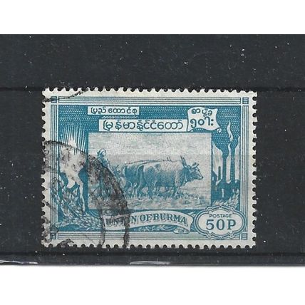 Burma.SG146 50p Ploughing paddy field with oxen (Blue).Fine Used.Jul25b