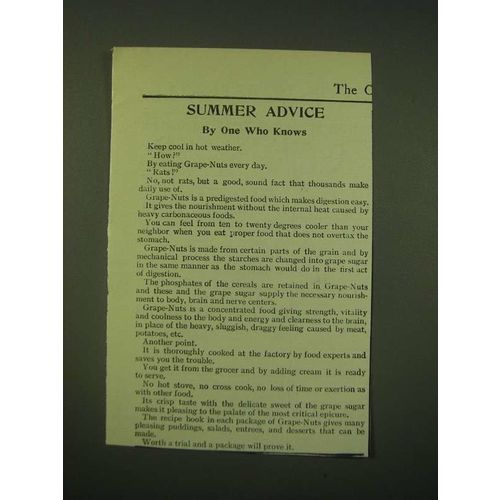 1902 Post Grape-Nuts Cereal Ad - Summer advice by one who knows