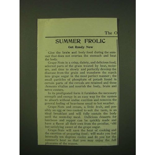 1902 Post Grape-Nuts Cereal Ad - Summer Frolic Get Ready Now
