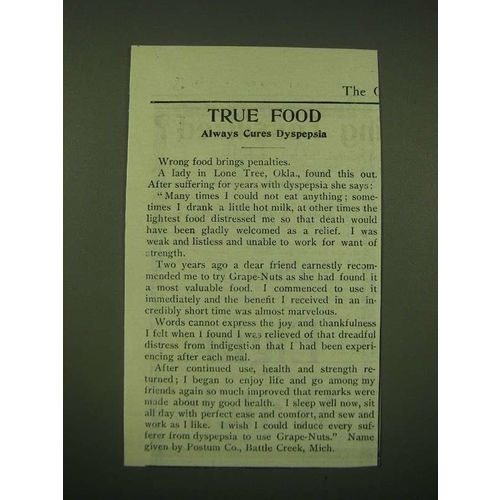 1902 Post Grape-Nuts Cereal Ad - True food always cures Dyspepsia